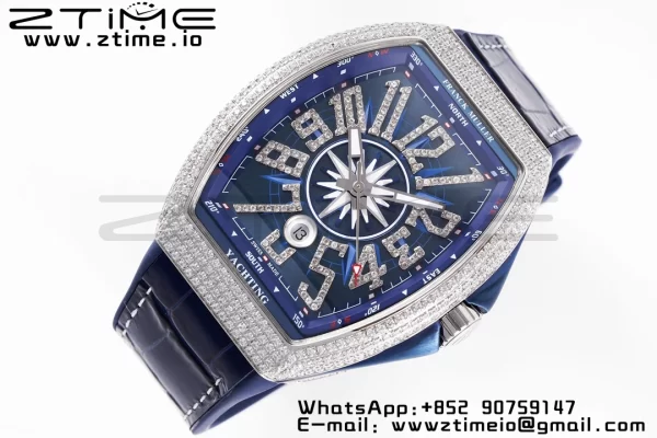 Franck Muller Vanguard V45 SS OXF ABF Best Edition Blue Textured Dial Diamonds Markers on Blue Gummy Strap A2824 - Super Clone Watch | 1:1 Best Version