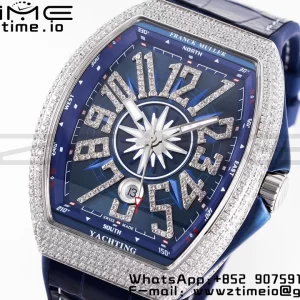 Franck Muller Vanguard V45 SS OXF ABF Best Edition Blue Textured Dial Diamonds Markers on Blue Gummy Strap A2824 - Super Clone Watch | 1:1 Best Version
