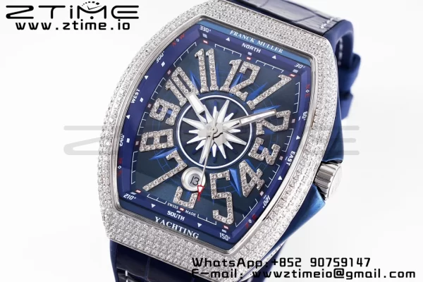 Franck Muller Vanguard V45 SS OXF ABF Best Edition Blue Textured Dial Diamonds Markers on Blue Gummy Strap A2824 - Super Clone Watch | 1:1 Best Version