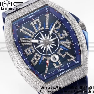 Franck Muller Vanguard V45 SS OXF ABF Best Edition Blue Textured Dial Diamonds Markers on Blue Gummy Strap A2824 - Super Clone Watch | 1:1 Best Version
