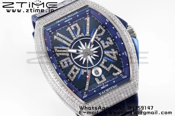 Franck Muller Vanguard V45 SS OXF ABF Best Edition Blue Textured Dial Diamonds Markers on Blue Gummy Strap A2824 - Super Clone Watch | 1:1 Best Version