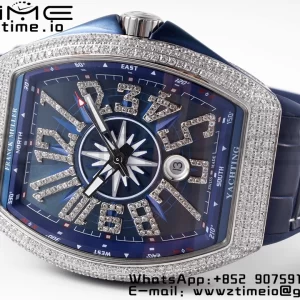 Franck Muller Vanguard V45 SS OXF ABF Best Edition Blue Textured Dial Diamonds Markers on Blue Gummy Strap A2824 - Super Clone Watch | 1:1 Best Version