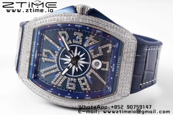 Franck Muller Vanguard V45 SS OXF ABF Best Edition Blue Textured Dial Diamonds Markers on Blue Gummy Strap A2824 - Super Clone Watch | 1:1 Best Version