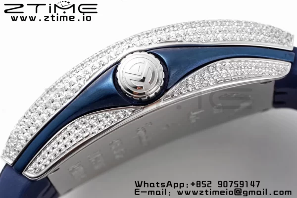 Franck Muller Vanguard V45 SS OXF ABF Best Edition Blue Textured Dial Diamonds Markers on Blue Gummy Strap A2824 - Super Clone Watch | 1:1 Best Version
