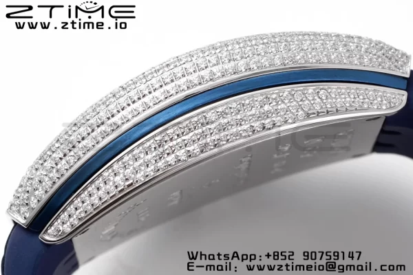 Franck Muller Vanguard V45 SS OXF ABF Best Edition Blue Textured Dial Diamonds Markers on Blue Gummy Strap A2824 - Super Clone Watch | 1:1 Best Version