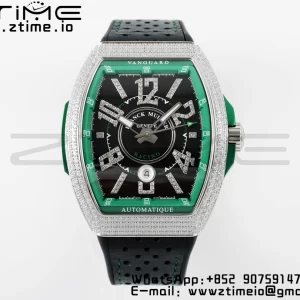 Franck Muller Vanguard V45 SS ABF Best Edition Black Dial Green Inner Bezel Diamonds Bezel on Black Leather Strap A2824 - Super Clone Watch | 1:1 Best Version