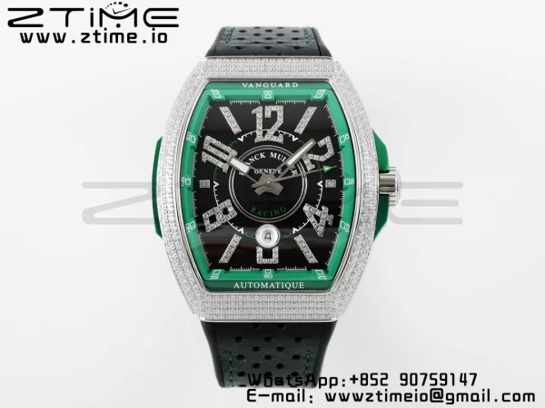 Franck Muller Vanguard V45 SS ABF Best Edition Black Dial Green Inner Bezel Diamonds Bezel on Black Leather Strap A2824 - Super Clone Watch | 1:1 Best Version