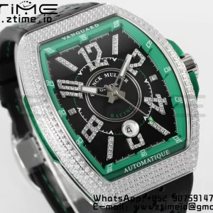 Franck Muller Vanguard V45 SS ABF Best Edition Black Dial Green Inner Bezel Diamonds Bezel on Black Leather Strap A2824 - Super Clone Watch | 1:1 Best Version