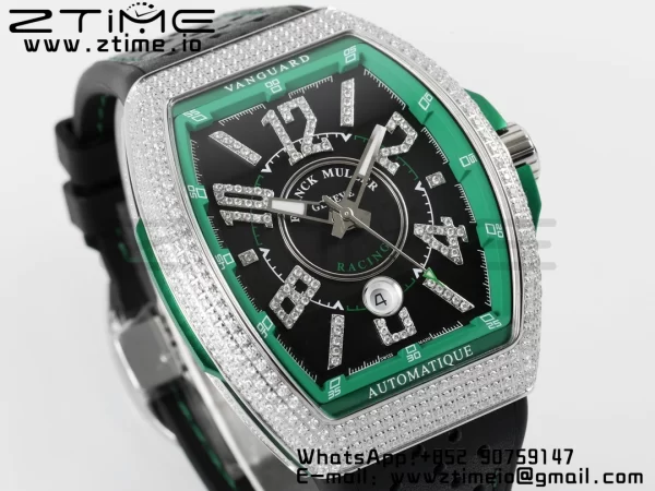 Franck Muller Vanguard V45 SS ABF Best Edition Black Dial Green Inner Bezel Diamonds Bezel on Black Leather Strap A2824 - Super Clone Watch | 1:1 Best Version