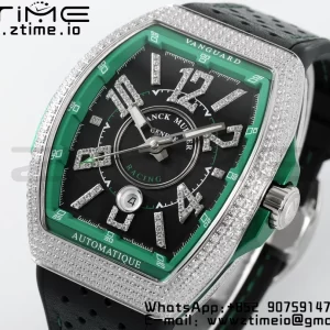 Franck Muller Vanguard V45 SS ABF Best Edition Black Dial Green Inner Bezel Diamonds Bezel on Black Leather Strap A2824 - Super Clone Watch | 1:1 Best Version