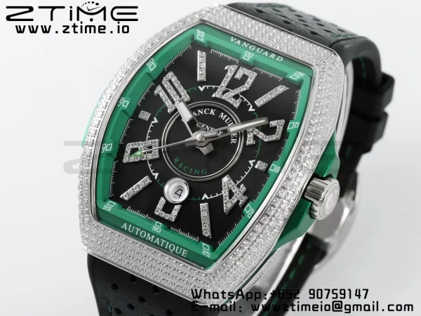 Franck Muller Vanguard V45 SS ABF Best Edition Black Dial Green Inner Bezel Diamonds Bezel on Black Leather Strap A2824 - Super Clone Watch | 1:1 Best Version