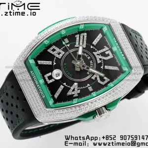 Franck Muller Vanguard V45 SS ABF Best Edition Black Dial Green Inner Bezel Diamonds Bezel on Black Leather Strap A2824 - Super Clone Watch | 1:1 Best Version