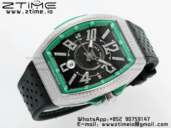 Franck Muller Vanguard V45 SS ABF Best Edition Black Dial Green Inner Bezel Diamonds Bezel on Black Leather Strap A2824 - Super Clone Watch | 1:1 Best Version