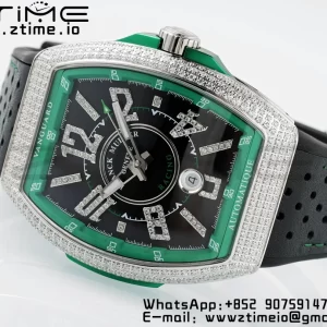 Franck Muller Vanguard V45 SS ABF Best Edition Black Dial Green Inner Bezel Diamonds Bezel on Black Leather Strap A2824 - Super Clone Watch | 1:1 Best Version