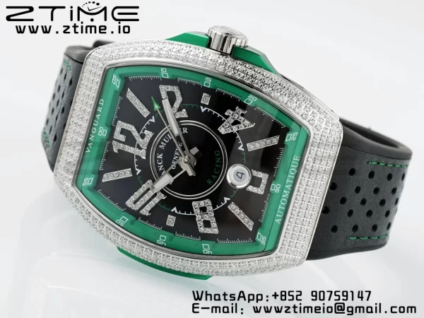 Franck Muller Vanguard V45 SS ABF Best Edition Black Dial Green Inner Bezel Diamonds Bezel on Black Leather Strap A2824 - Super Clone Watch | 1:1 Best Version