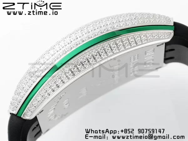 Franck Muller Vanguard V45 SS ABF Best Edition Black Dial Green Inner Bezel Diamonds Bezel on Black Leather Strap A2824 - Super Clone Watch | 1:1 Best Version