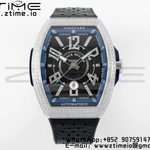 Franck Muller Vanguard V45 SS ABF Best Edition Black Dial Blue Inner Bezel Diamonds Bezel on Black Leather Strap A2824 - Super Clone Watch | 1:1 Best Version