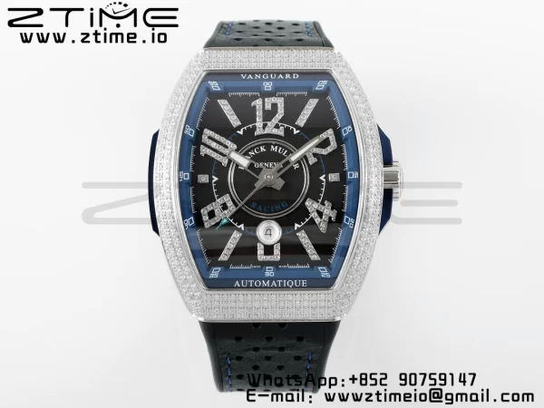 Franck Muller Vanguard V45 SS ABF Best Edition Black Dial Blue Inner Bezel Diamonds Bezel on Black Leather Strap A2824 - Super Clone Watch | 1:1 Best Version
