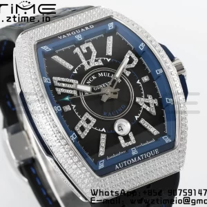 Franck Muller Vanguard V45 SS ABF Best Edition Black Dial Blue Inner Bezel Diamonds Bezel on Black Leather Strap A2824 - Super Clone Watch | 1:1 Best Version