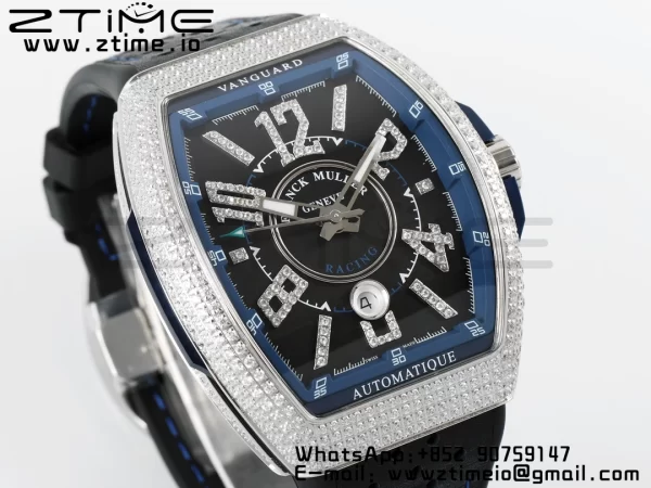 Franck Muller Vanguard V45 SS ABF Best Edition Black Dial Blue Inner Bezel Diamonds Bezel on Black Leather Strap A2824 - Super Clone Watch | 1:1 Best Version