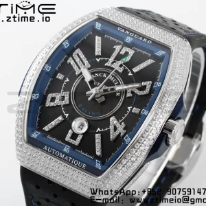 Franck Muller Vanguard V45 SS ABF Best Edition Black Dial Blue Inner Bezel Diamonds Bezel on Black Leather Strap A2824 - Super Clone Watch | 1:1 Best Version