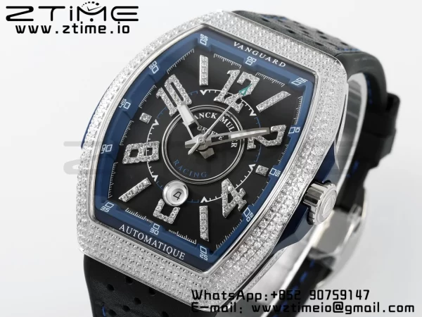 Franck Muller Vanguard V45 SS ABF Best Edition Black Dial Blue Inner Bezel Diamonds Bezel on Black Leather Strap A2824 - Super Clone Watch | 1:1 Best Version