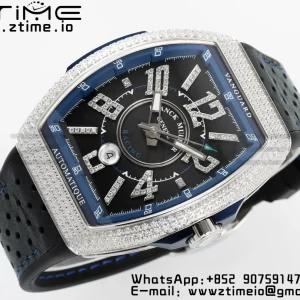 Franck Muller Vanguard V45 SS ABF Best Edition Black Dial Blue Inner Bezel Diamonds Bezel on Black Leather Strap A2824 - Super Clone Watch | 1:1 Best Version