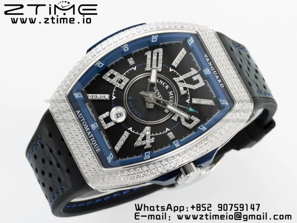 Franck Muller Vanguard V45 SS ABF Best Edition Black Dial Blue Inner Bezel Diamonds Bezel on Black Leather Strap A2824 - Super Clone Watch | 1:1 Best Version