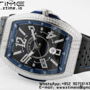 Franck Muller Vanguard V45 SS ABF Best Edition Black Dial Blue Inner Bezel Diamonds Bezel on Black Leather Strap A2824 - Super Clone Watch | 1:1 Best Version