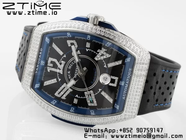 Franck Muller Vanguard V45 SS ABF Best Edition Black Dial Blue Inner Bezel Diamonds Bezel on Black Leather Strap A2824 - Super Clone Watch | 1:1 Best Version