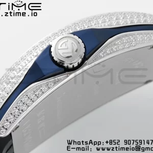 Franck Muller Vanguard V45 SS ABF Best Edition Black Dial Blue Inner Bezel Diamonds Bezel on Black Leather Strap A2824 - Super Clone Watch | 1:1 Best Version
