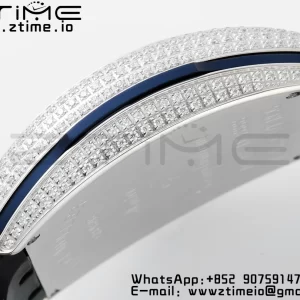 Franck Muller Vanguard V45 SS ABF Best Edition Black Dial Blue Inner Bezel Diamonds Bezel on Black Leather Strap A2824 - Super Clone Watch | 1:1 Best Version