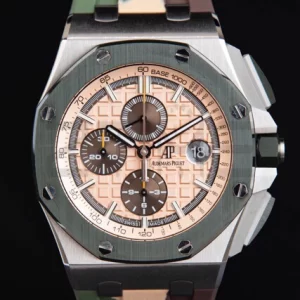 AP Royal Oak Offshore 44mm SS Green Ceramic Bezel APF 1:1 Best Edition Cream Dial on Camo Rubber Strap A3126 - Super Clone Watch | 1:1 Best Version