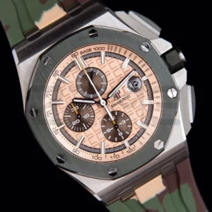 AP ロイヤルオーク オフショア 44mm SS グリーンセラミック ベゼル APF 1:1 ベストエディション クリームダイアル カモ柄ラバーストラップ A3126 - スーパークローンウォッチ｜1:1 ベストバージョン