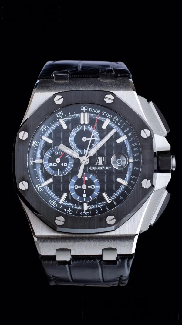 AP Royal Oak Offshore 44mm SS APF 1:1 Best Edition Cadran negru în carouri Lună ceramică pe curea din piele neagră A3126 - Super Clone Watch | 1:1 Best Version