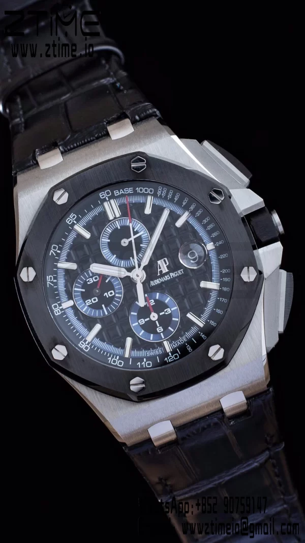AP Royal Oak Offshore 44mm SS APF 1:1 Best Edition Cadran negru în carouri Lună ceramică pe curea din piele neagră A3126 - Super Clone Watch | 1:1 Best Version