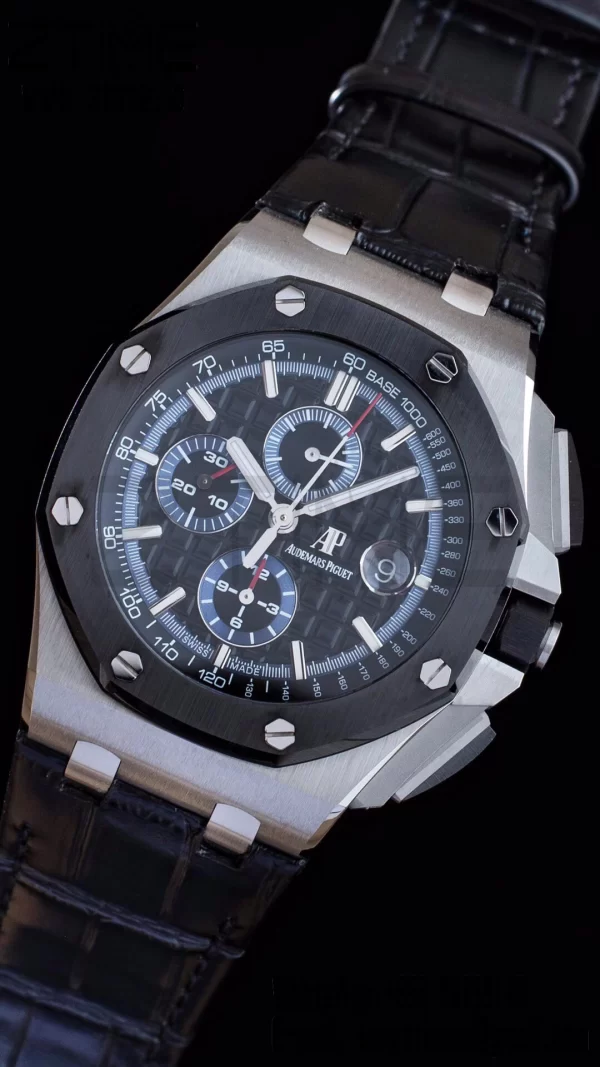 AP Royal Oak Offshore 44mm SS APF 1:1 Best Edition Cadran negru în carouri Lună ceramică pe curea din piele neagră A3126 - Super Clone Watch | 1:1 Best Version