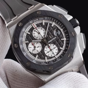 AP Royal Oak Offshore 44mm SS Black Ceramic Bezel APF 1:1 Best Edition Black/White Dial on Gray Rubber Strap A3126 - Super Clone Watch | 1:1 Best Version