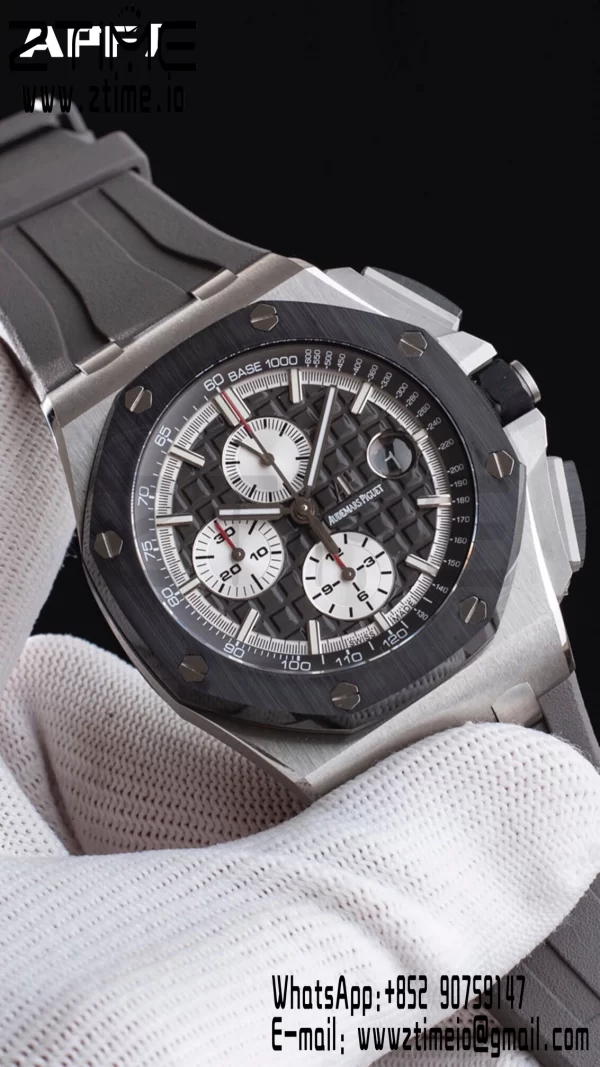 AP Royal Oak Offshore 44mm SS Black Ceramic Bezel APF 1:1 Best Edition Black/White Dial on Gray Rubber Strap A3126 - Super Clone Watch | 1:1 Best Version