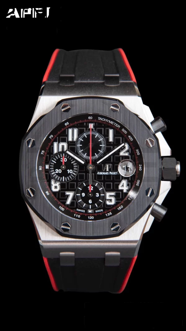 AP Royal Oak Offshore 42mm SS Black Ceramic Bezel APF 1:1 Best Edition Black Dial on Black/Red Rubber Strap A3126 - Super Clone Watch | 1:1 Best Version