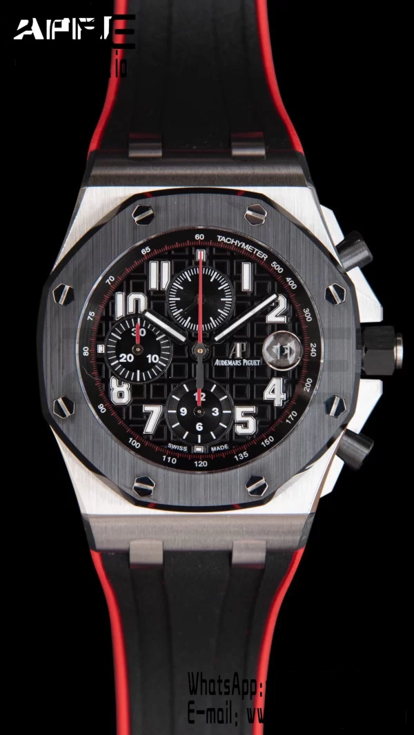 AP Royal Oak Offshore 42mm SS Black Ceramic Bezel APF 1:1 Best Edition Black Dial on Black/Red Rubber Strap A3126 - Super Clone Watch | 1:1 Best Version
