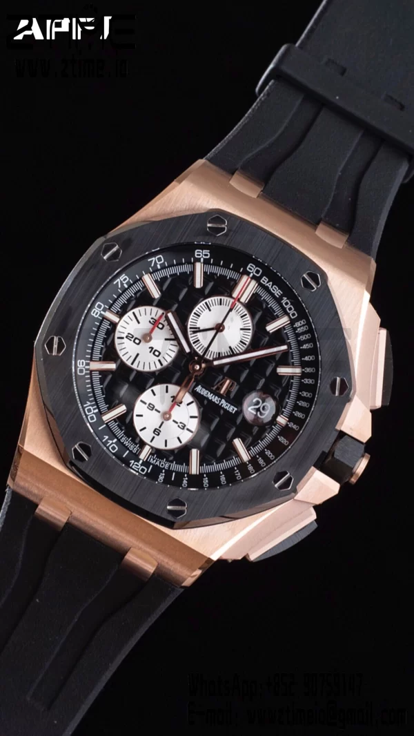 AP Royal Oak Offshore 44mm RG Ceramic Bezel APF 1:1 Best Edition Black/White Dial on Rubber Strap A3126 - Super Clone Watch | 1:1 Best Version