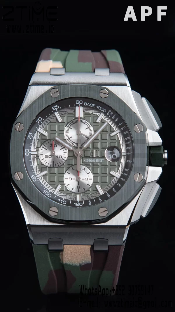 AP Royal Oak Offshore 44mm SS Green Ceramic Bezel APF 1:1 Best Edition Green/Silver Dial on Camo Rubber Strap A7750 - Super Clone Watch | 1:1 Best Version