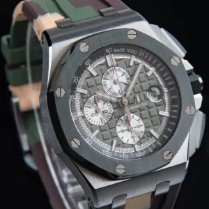 AP Royal Oak Offshore 44mm SS Green Ceramic Bezel APF 1:1 Best Edition Green/Silver Dial on Camo Rubber Strap A7750 - Super Clone Watch | 1:1 Best Version