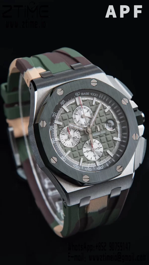 AP Royal Oak Offshore 44mm SS Green Ceramic Bezel APF 1:1 Best Edition Green/Silver Dial on Camo Rubber Strap A7750 - Super Clone Watch | 1:1 Best Version