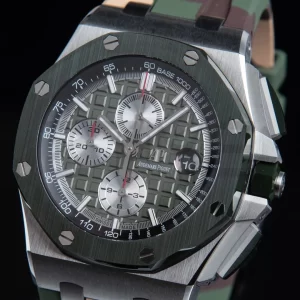 AP Royal Oak Offshore 44mm SS Green Ceramic Bezel APF 1:1 Best Edition Green/Silver Dial on Camo Rubber Strap A7750 - Super Clone Watch | 1:1 Best Version