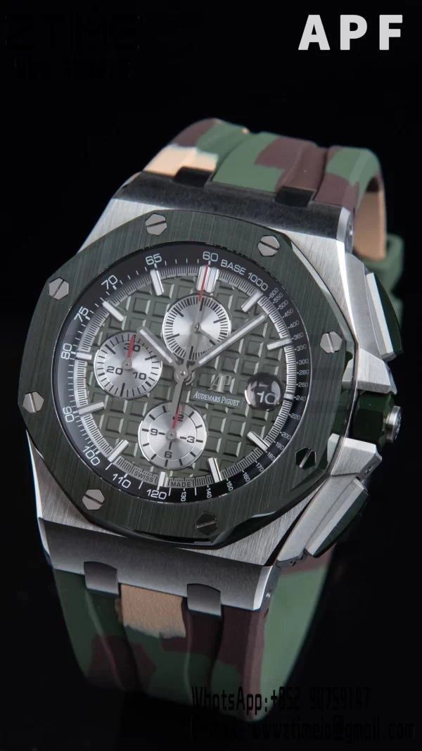 AP Royal Oak Offshore 44mm SS Green Ceramic Bezel APF 1:1 Best Edition Green/Silver Dial on Camo Rubber Strap A7750 - Super Clone Watch | 1:1 Best Version