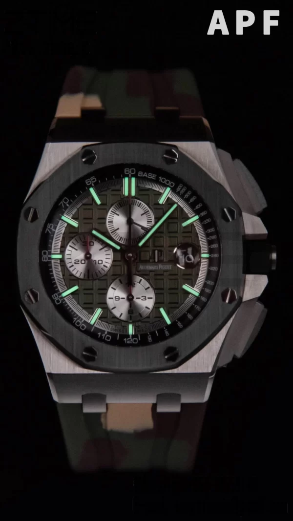 AP Royal Oak Offshore 44mm SS Green Ceramic Bezel APF 1:1 Best Edition Green/Silver Dial on Camo Rubber Strap A7750 - Super Clone Watch | 1:1 Best Version