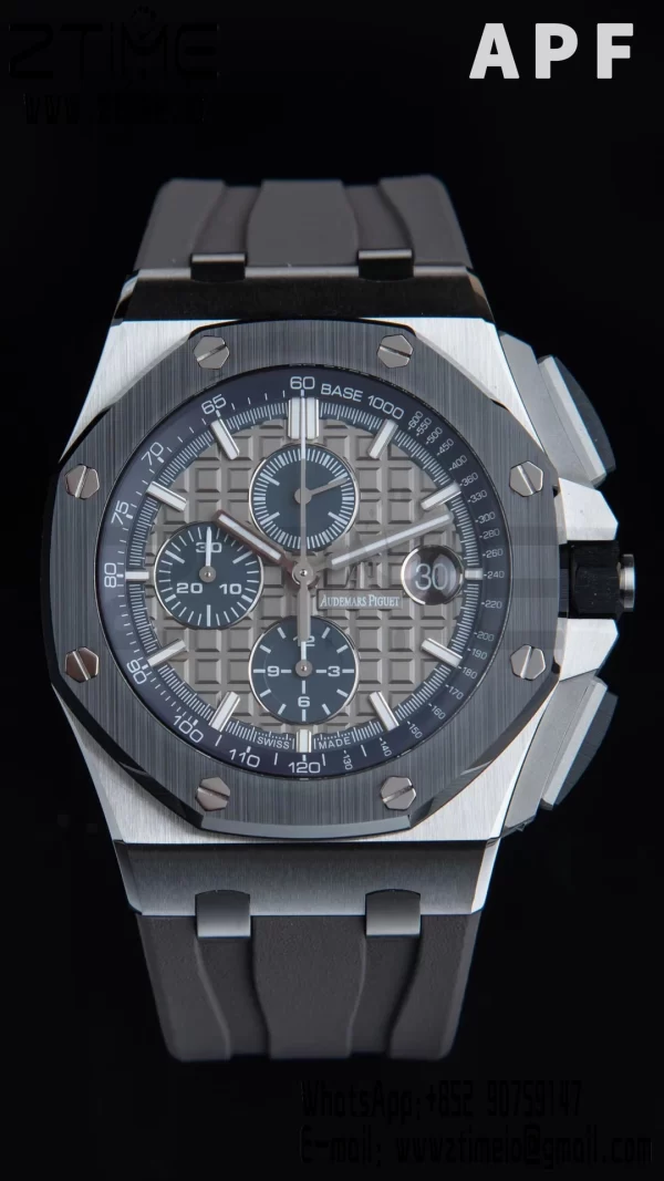 AP Royal Oak Offshore 44mm SS Black Ceramic Bezel APF 1:1 Best Edition Gray/Blue Dial on Gray Rubber Strap A3126 - Super Clone Watch | 1:1 Best Version