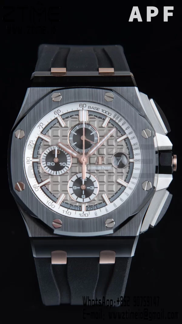 AP Royal Oak Offshore 44mm Μαύρη κεραμική θήκη APF 1:1 Best Edition Γκρι/λευκό καντράν σε μαύρο καουτσούκ λουράκι A3126 - Super Clone Watch | 1:1 Best Version